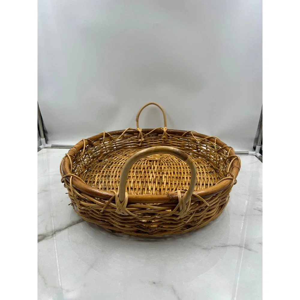 Vintage Oval Wicker Serving Tray with Handles Large Woven Rattan Basket 19 Inch